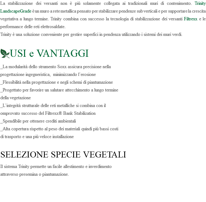 La stabilizzazione dei versanti non è più solamente collegata ai tradizionali muri di contenimento. Trinity LandscapeGrade è un muro a rete metallica pensato per stabilizzare pendenze sub verticali e per supportare la crescita vegetativa a lungo termine. Trinity combina con successo la tecnologia di stabilizzazione dei versanti Filtrexx e le performance delle reti elettrosaldate. Trinity è una soluzione conveniente per gestire superfici in pendenza utilizzando i sistemi dei muri verdi. ﷯USI e VANTAGGI _La modularità dello strumento Soxx assicura precisione nella progettazione ingegneristica, minimizzando l’erosione _Flessibilità nella progettazione e negli schemi di piantumazione _Progettato per favorire un salutare attecchimento a lungo termine della vegetazione _L’integrità strutturale delle reti metalliche si combina con il omprovato successo del Filtrexx® Bank Stabilization _Spendibile per ottenere crediti ambientali _Alta copertura rispetto al peso dei materiali quindi più bassi costi  di trasporto e una più veloce installazione SELEZIONE SPECIE VEGETALI Il sistema Trinity permette un facile allestimento e inverdimento attraverso presemina o piantumazione. 